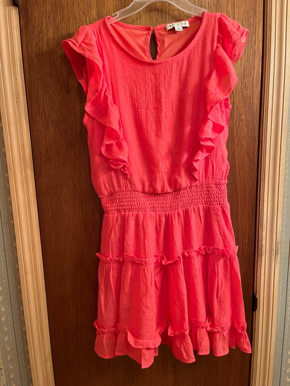 HYFVE Coral Pink Ruffle Mini Dress Smocked Waist Flowy Tiered Boho Summer Size M